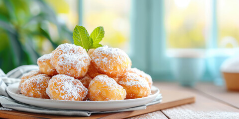 Dusted Zeppole Pile on simple kitchen background with copy space. Pile of sugary Zeppole in soft kitchen light. - obrazy, fototapety, plakaty