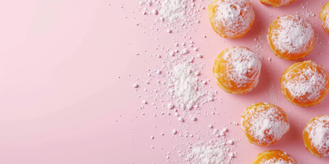Dusted Zeppole Pile on Pastel kitchen background with copy space. Pile of sugary Zeppole in soft kitchen light.