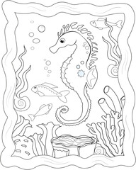 Coloring book page with seahorse and underwater scene. Vector illustration.