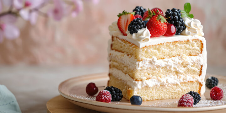 Strawberry Topped Tres Leches Cake closeup. A slice of creamy tres leches cake garnished with fresh raspberry and dusted with cocoa, served on a pastel background.