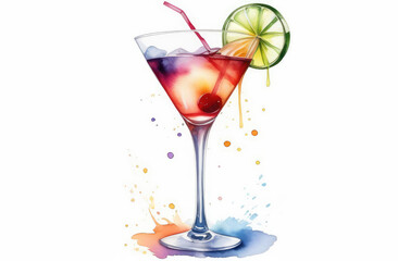 watercolor illustration of alcohol drink in glass. refreshing summer cocktail with ice, lime slice