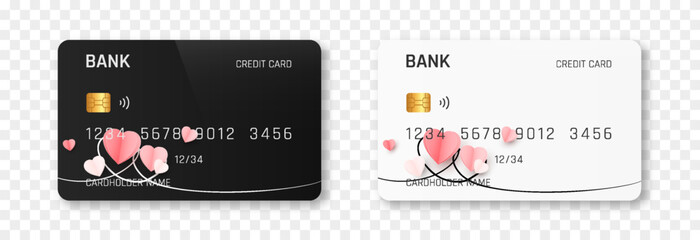 Bank card vector template png. Bank card with a design for Valentine's Day. Plastic bank card png.