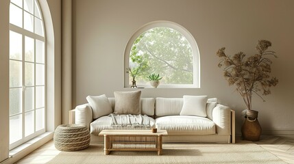 an attractive living room with an arched window, in the style of pastel toned, organic minimalism - obrazy, fototapety, plakaty