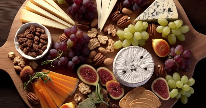 cheese plate with various cheese on a wood board food, fig, nut, grape, esthetic
