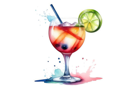 watercolor illustration of refreshing icy summer cocktail. alcohol drink in glass with lime