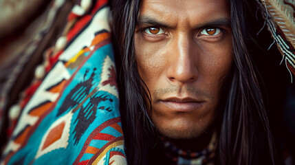Portrait of American Indian man in traditional costume.