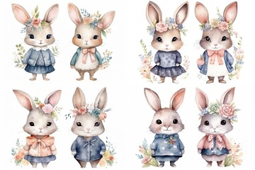 Obraz premium watercolor cartoon style illustration of cute bunny rabbit walking in flower garden, collection set, Generative Ai 