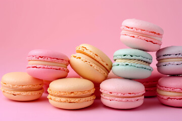 Fototapeta na wymiar A playful spread of pastel macarons lies scattered on a pink surface, evoking a festive mood perfect for celebratory event marketing