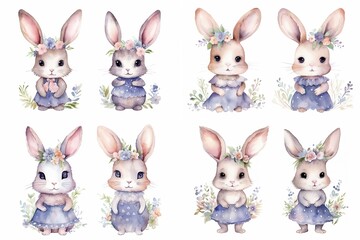 Fototapeta premium watercolor cartoon style illustration of cute bunny rabbit walking in flower garden, collection set, Generative Ai 