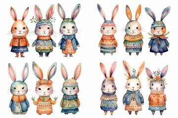 Obraz premium watercolor cartoon style illustration of cute bunny rabbit walking in flower garden, collection set, Generative Ai 