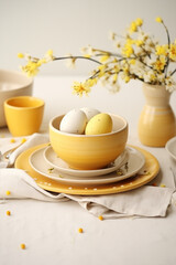 Obraz na płótnie Canvas A contemporary Easter table display with yellow and white eggs in a ceramic bowl, matched with yellow tableware and a vase of blossoms. 