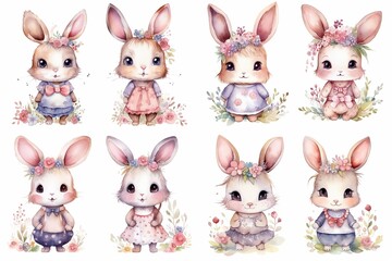 watercolor cartoon style illustration of cute bunny rabbit walking in flower garden, collection set, Generative Ai	
