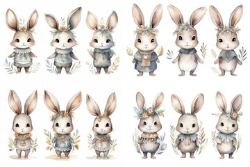 Fototapeta premium watercolor cartoon style illustration of cute bunny rabbit walking in flower garden, collection set, Generative Ai 