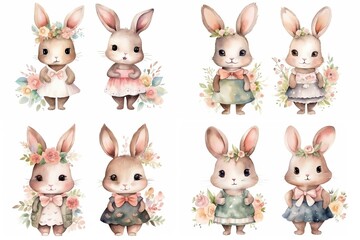 watercolor cartoon style illustration of cute bunny rabbit walking in flower garden, collection set, Generative Ai	
