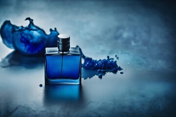 square shaped blue perfume container and liquid flow - obrazy, fototapety, plakaty