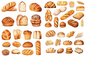 watercolor cartoon illustration collection set, fresh vintage bread look tasty, isolated on white background, idea for sticker and junk journal clipart, Generative A