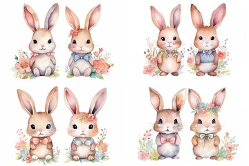 watercolor cartoon style illustration of cute bunny rabbit walking in flower garden, collection set, Generative Ai	
