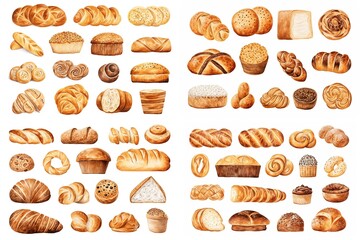watercolor cartoon illustration collection set, fresh vintage bread look tasty, isolated on white background, idea for sticker and junk journal clipart, Generative A - obrazy, fototapety, plakaty