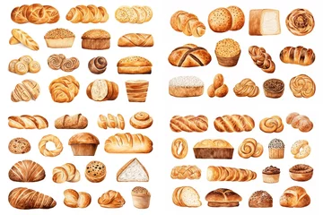 Fototapete Brot watercolor cartoon illustration collection set, fresh vintage bread look tasty, isolated on white background, idea for sticker and junk journal clipart, Generative A
