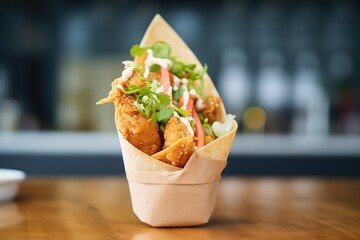fried chicken bites in a paper cone