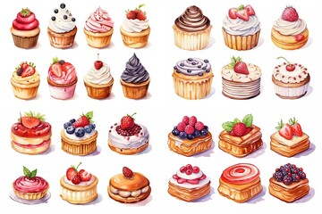  watercolor cartoon illustration collection set, fresh bakery with fruit and cream, isolated on white background, idea for sticker and junk journal clipart, Generative A