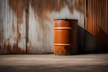 abandonned weathered rusty metal oil barrel in front of a rusted metal pannel