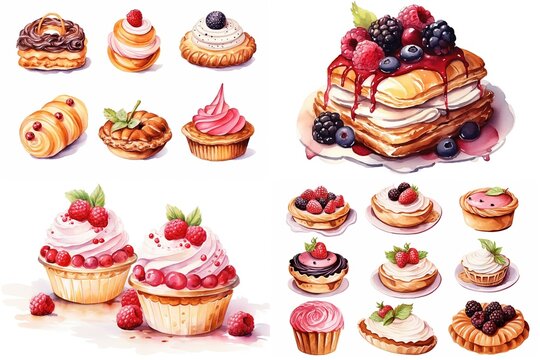  watercolor cartoon illustration collection set, fresh bakery with fruit and cream, isolated on white background, idea for sticker and junk journal clipart, Generative A
