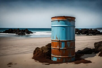 Naklejka premium abandonned weathered rusty metal oil barrel on the beach
