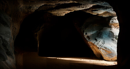 A sandy cave with access to daylight, surrounded by a rocky landscape. Generative AI.