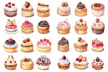  watercolor cartoon illustration collection set, fresh bakery with fruit and cream, isolated on white background, idea for sticker and junk journal clipart, Generative A