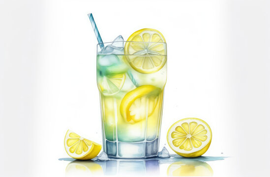 refreshing summer beverage, alcohol drink. watercolor illustration of glass of lemonade.