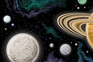 Vector Fantasy Space Chart, horizontal poster with illustration of  saturn moons, rotating around Saturn planet in deep space, decorative futuristic cosmo print with black stellar space background © mihmihmal
