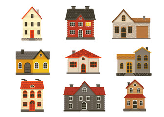 Fototapeta premium Colorful cottage houses set, Set of cartoon houses. collection of stylized houses
