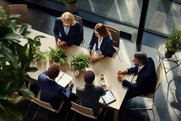 Above view of group of diverse colleagues in formal clothing discussing business ideas while gathering at table in modern office.