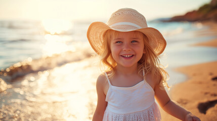 A happy little girl in white dress with a hat joyfully having a great time on a sunny beach during a day, enjoy the summer, adorable little girl on the beach.