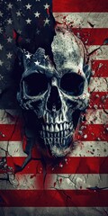 American flag and skull, patriot and veteran, the country's aggressive policy leads to aggression...
