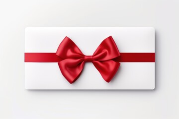 White envelope, gift card, voucher with red bow isolated on white background. View from above. Gift card. Birthday. Valentines day.