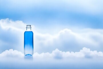 mineral water bottle  in clouds , beverage branding template , blue sky