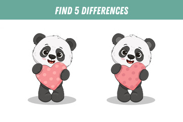 Find five differences between two pictures of cute panda bear. Cute panda with heart. Activity page, game. Vector