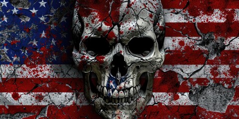 American flag and skull, patriot and veteran, the country's aggressive policy leads to aggression...