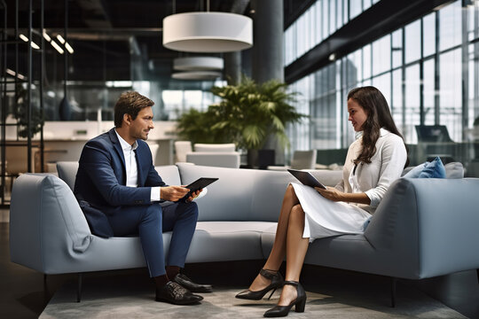 Male and female business colleagues talking over a digital tablets while sitting in office lobby and having a meeting together.