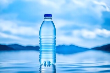 water bottle  on blue water  , beverage branding template , blue sky