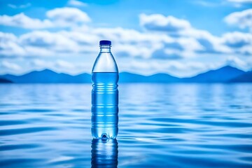 water bottle  on blue water  , beverage branding template , blue sky