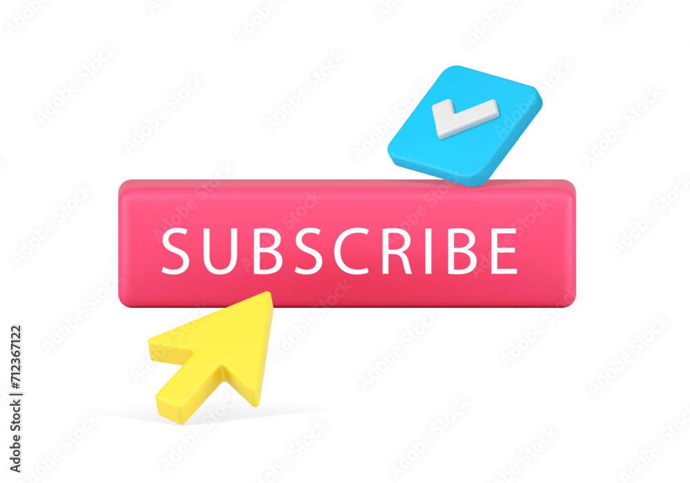 Poster subscribe button with arrow click cursor and done checkmark pink 3d icon realistic vector