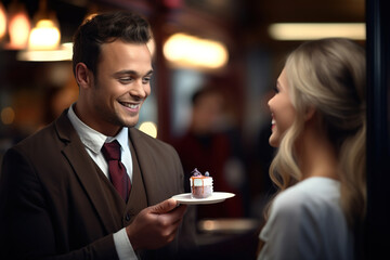 Gentleman giving blackberry cake to smiling lady.