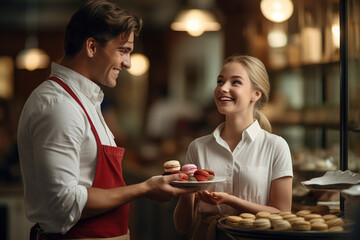 Male worker offering female smiling customer cookies in bakery. - obrazy, fototapety, plakaty