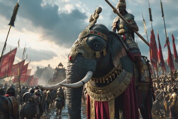 Warrior on a majestic elephant, part of an ancient army's formidable procession, an awe-inspiring sight as a warrior rides a majestic elephant in an ancient army's formidable display. - obrazy, fototapety, plakaty