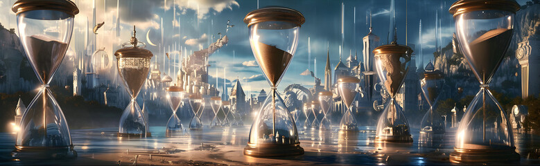 Hourglass city, the world of time, fantastic surreal illustration. - obrazy, fototapety, plakaty