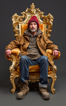 A homeless man sitting on golden throne