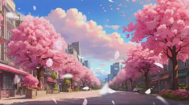 blossoming cityscapes come to life in this enchanting  looping animation, featuring cartoon-style watercolor illustrations of spring adorned with pink cherry blossom trees
